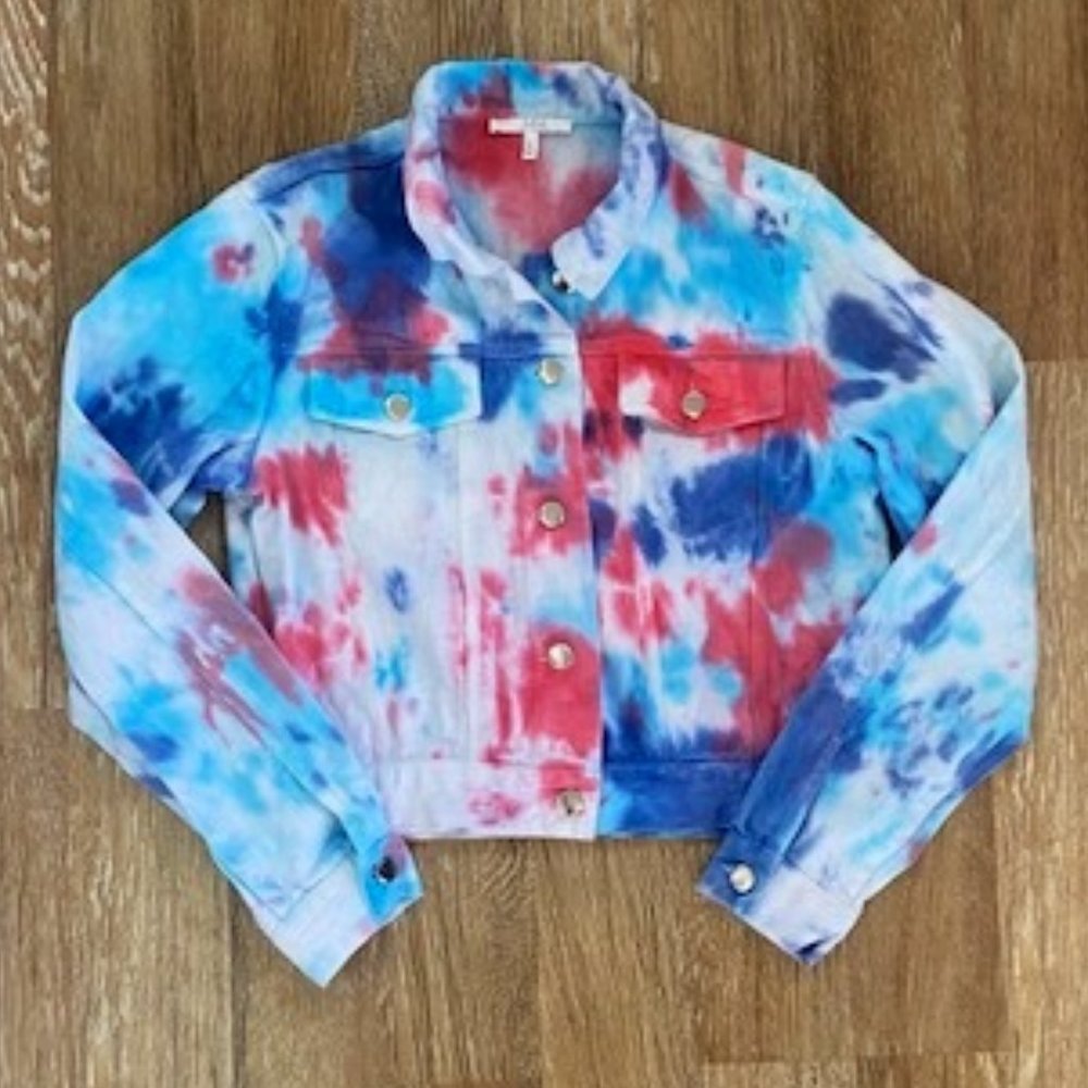 Tie-Dye Jean Jacket in Pink, Blue, Purple + White, Size S